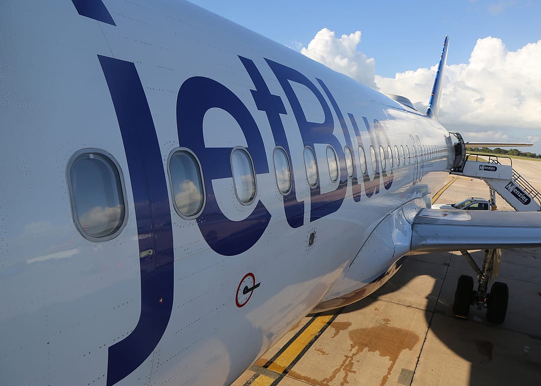 A JetBlue plane on the tarmac