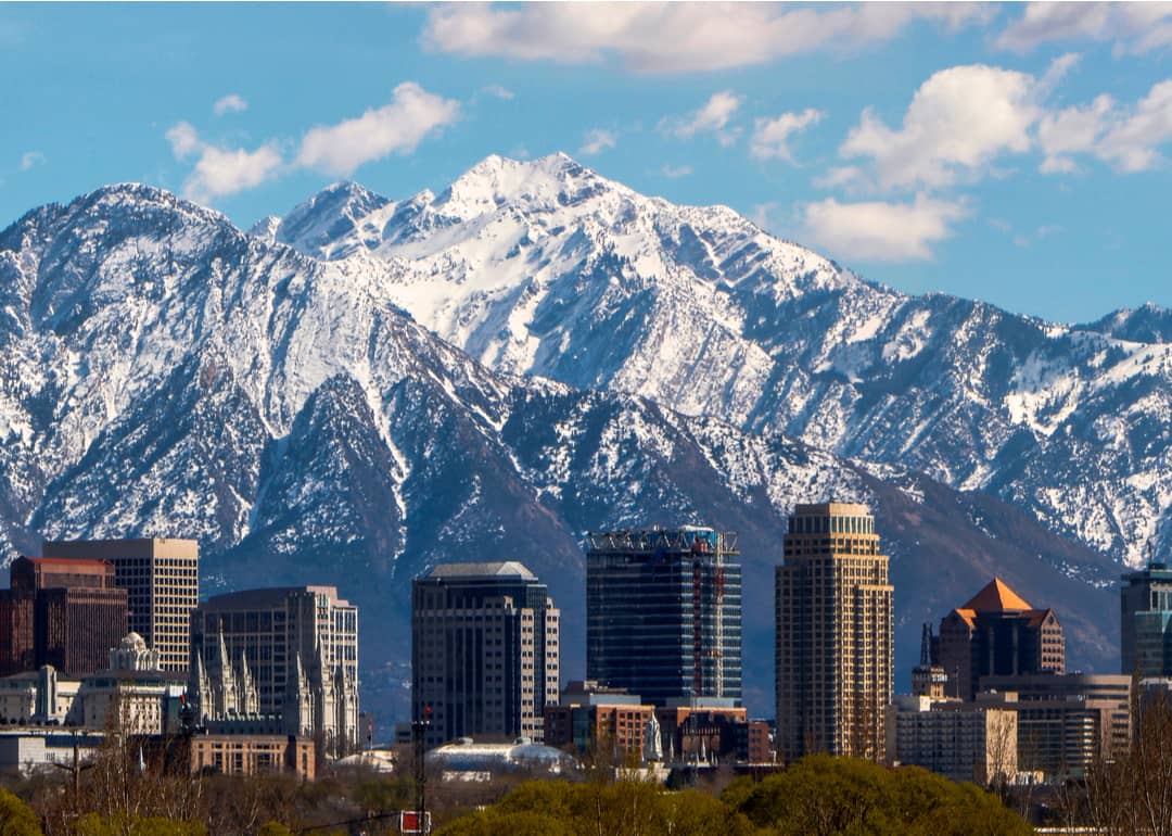 Salt Lake City with snow-capped mountains in the background.