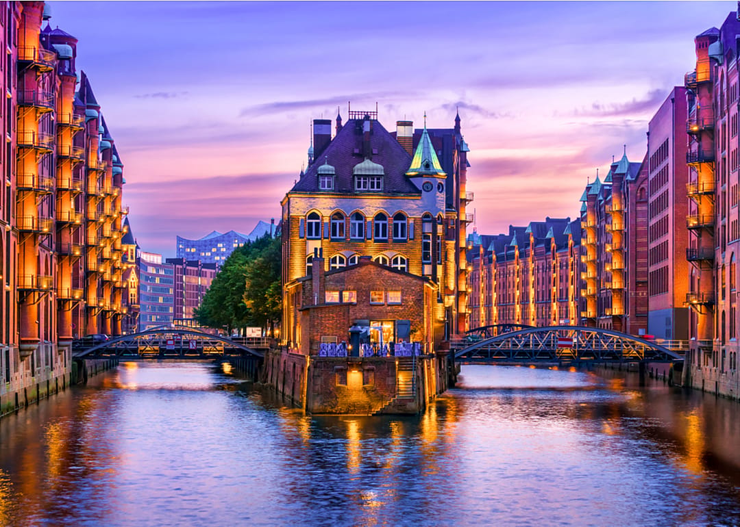 The Warehouse District (Speicherstadt) in Hamburg, Germany, at dusk