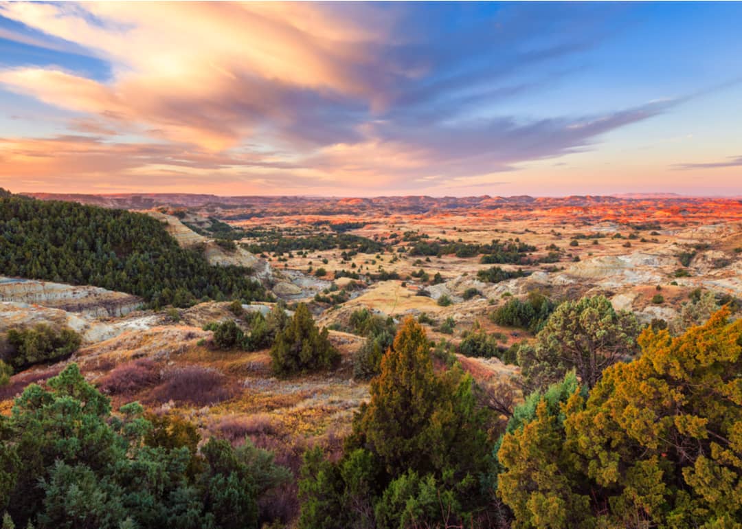 Th sunrise over Theodore Roosevelt National Park in North Dakota.
