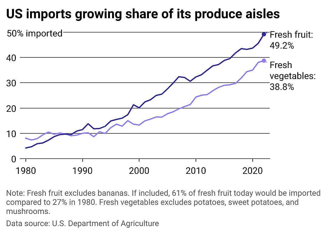 Chart showing U.S. imports growing share of its produce aisles including 49% of fresh fruit and 39% of fresh vegetables.