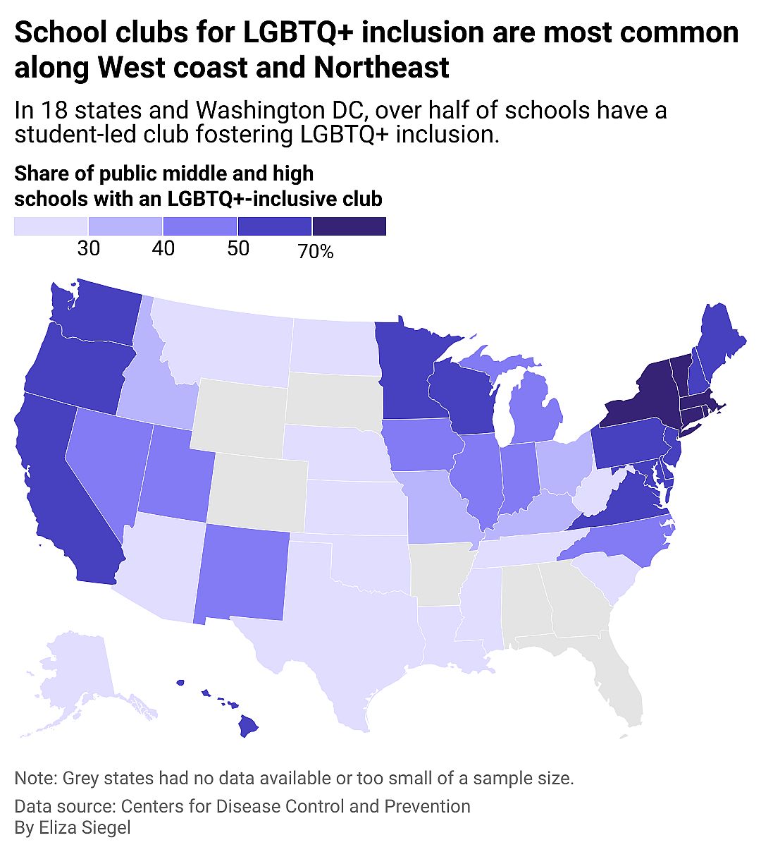 Public middle and high school student-led clubs for LGBTQ+ inclusion are most common along the West Coast and in the Northeast and least common in the South and in the Northern mountain states.