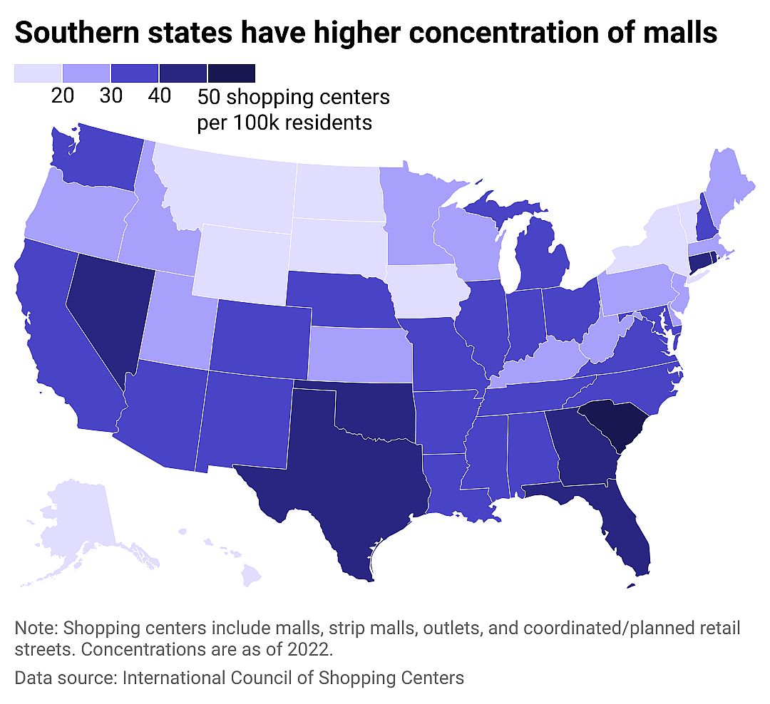 Heat map illustrating how southern states have higher concentrations of malls across the U.S.