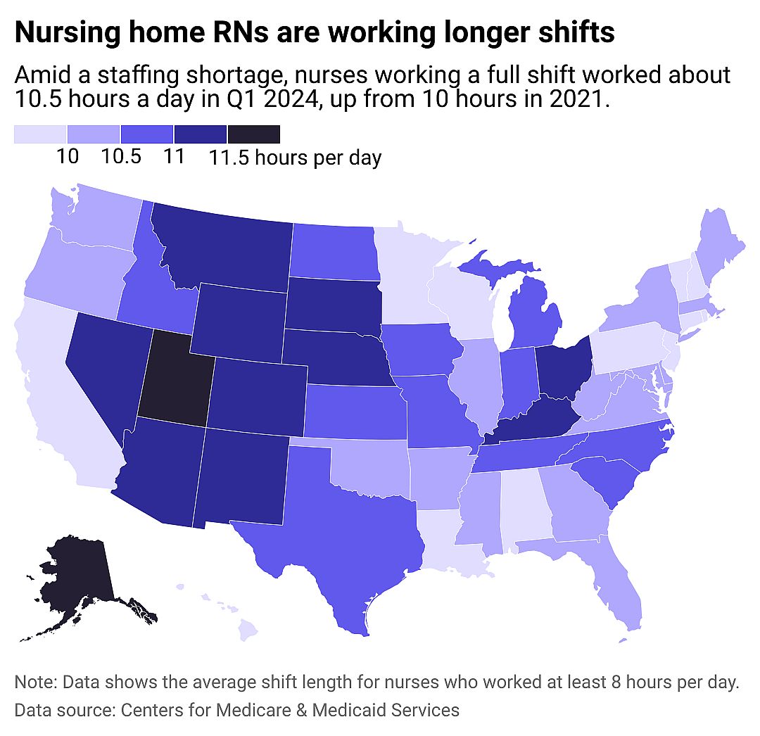 A map showing the average number of hours registered nurses worked in nursing homes in 2024.