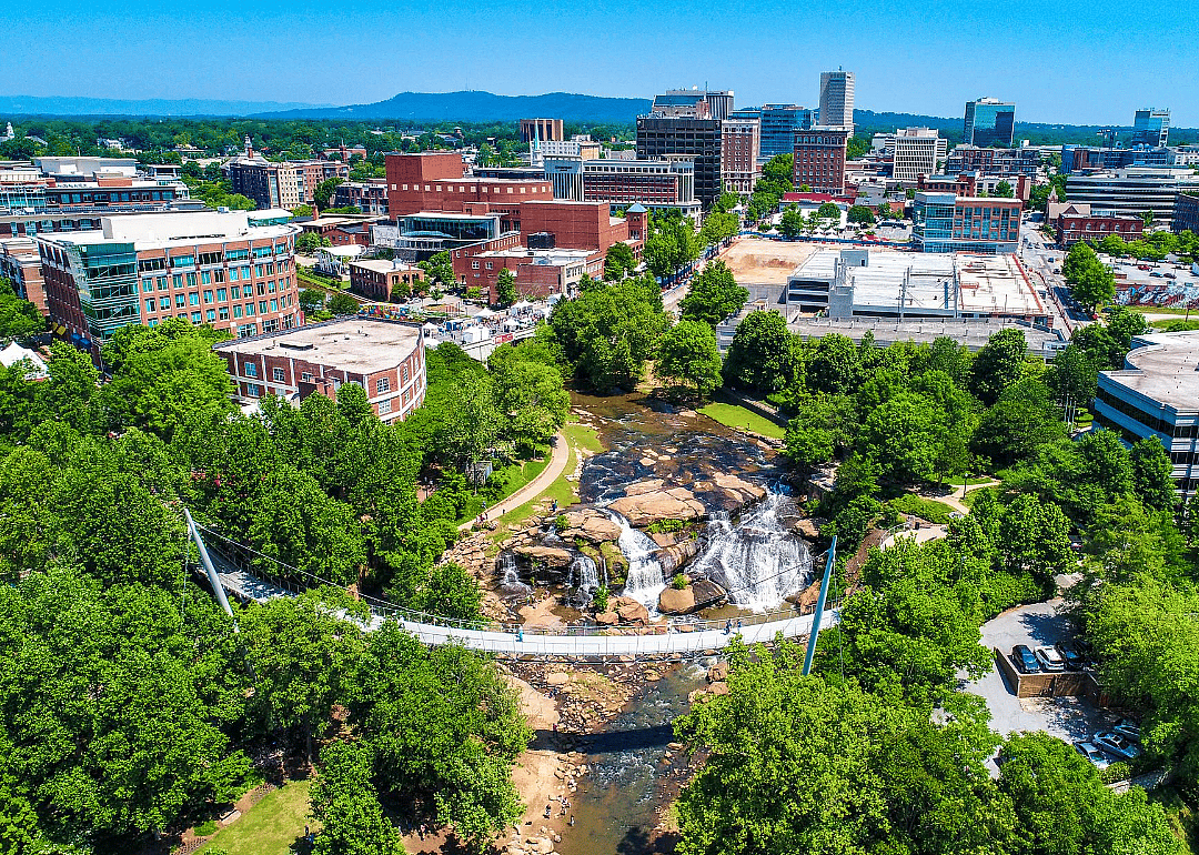 Aerial view cityscape, falls, and park.