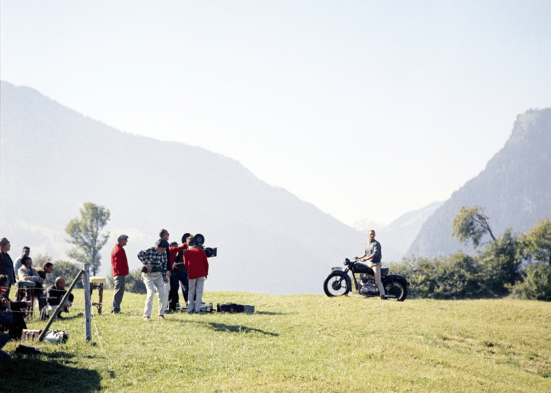 A film crew ready to shoot McQueen's motorcycle escape sequence on the set of The Great Escape in Bavaria, Germany, 1963.