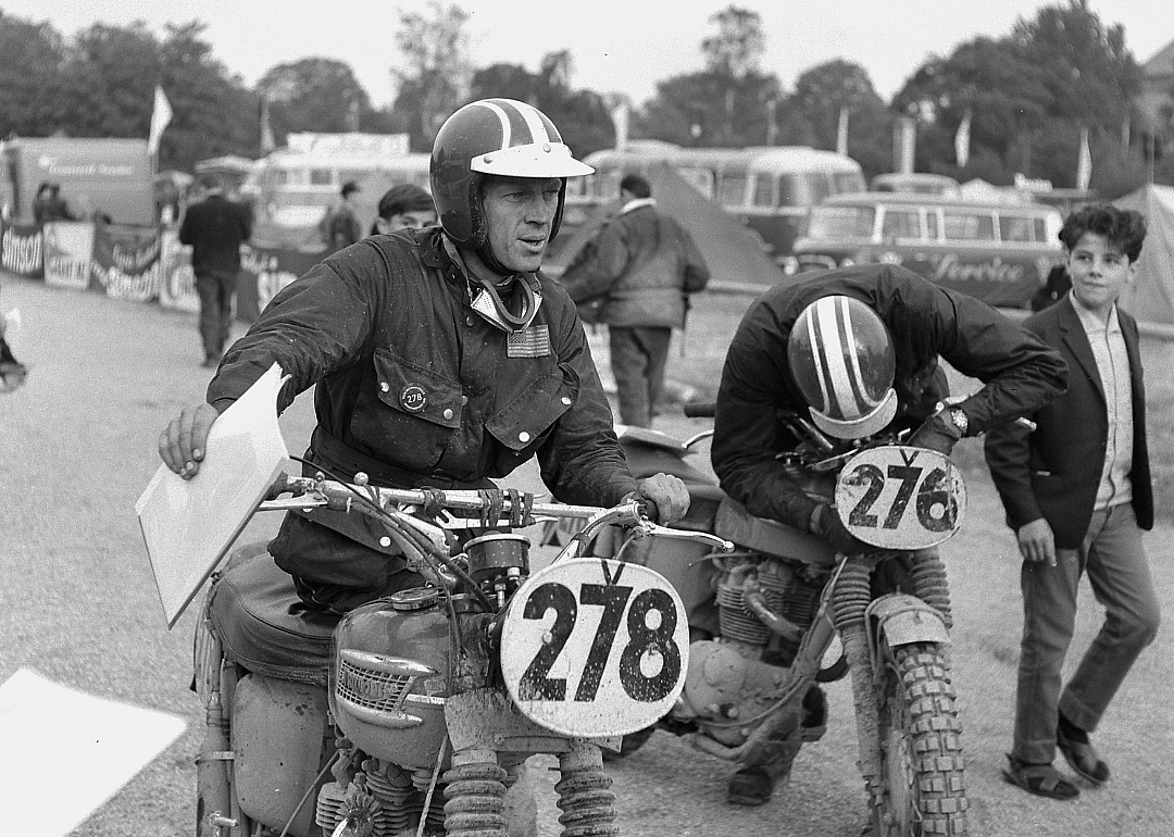 McQueen on his Triumph bike at the motorcycle race.