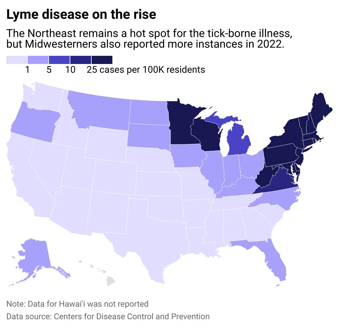 A map chart showing states with the highest rates of Lyme disease in 2022.