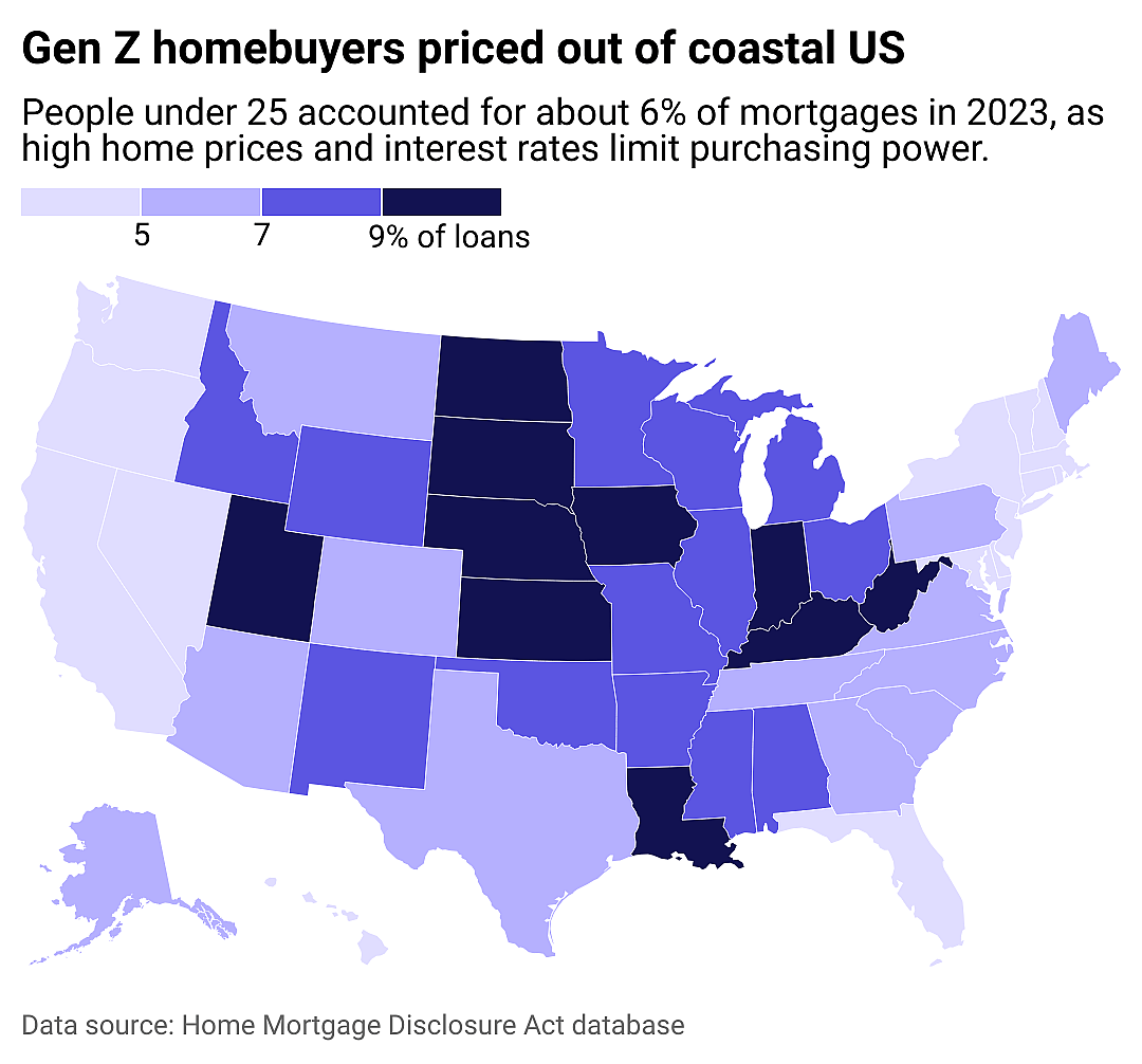 Heat map showing how people under 25 accounted for nearly 6% of mortgages in 2023