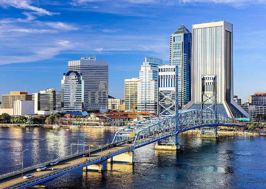 Jacksonville, Florida downtown skyline at dusk over St. Johns River.