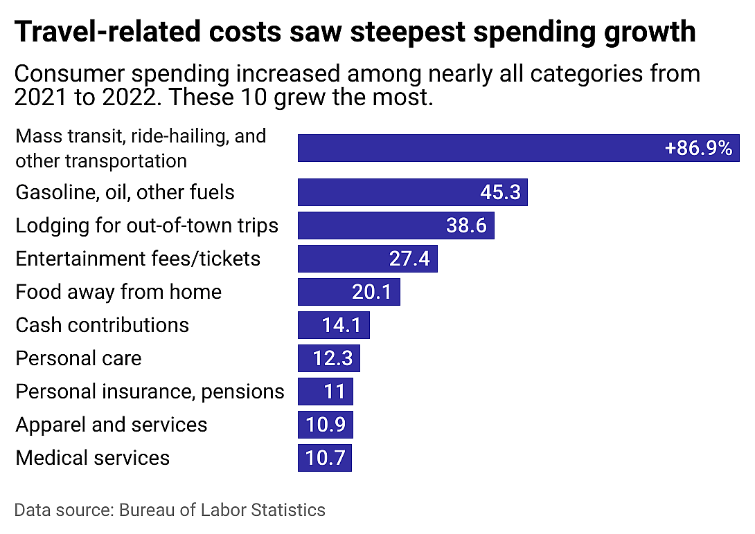 A bar chart showing the annual increase in spending among 10 categories.
