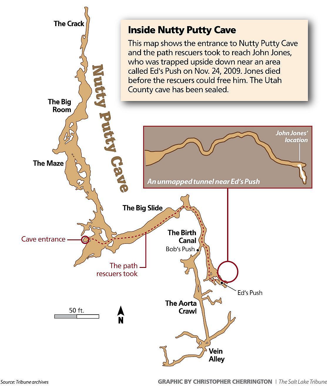 A map detailing the areas of the Nutty Putty cave.