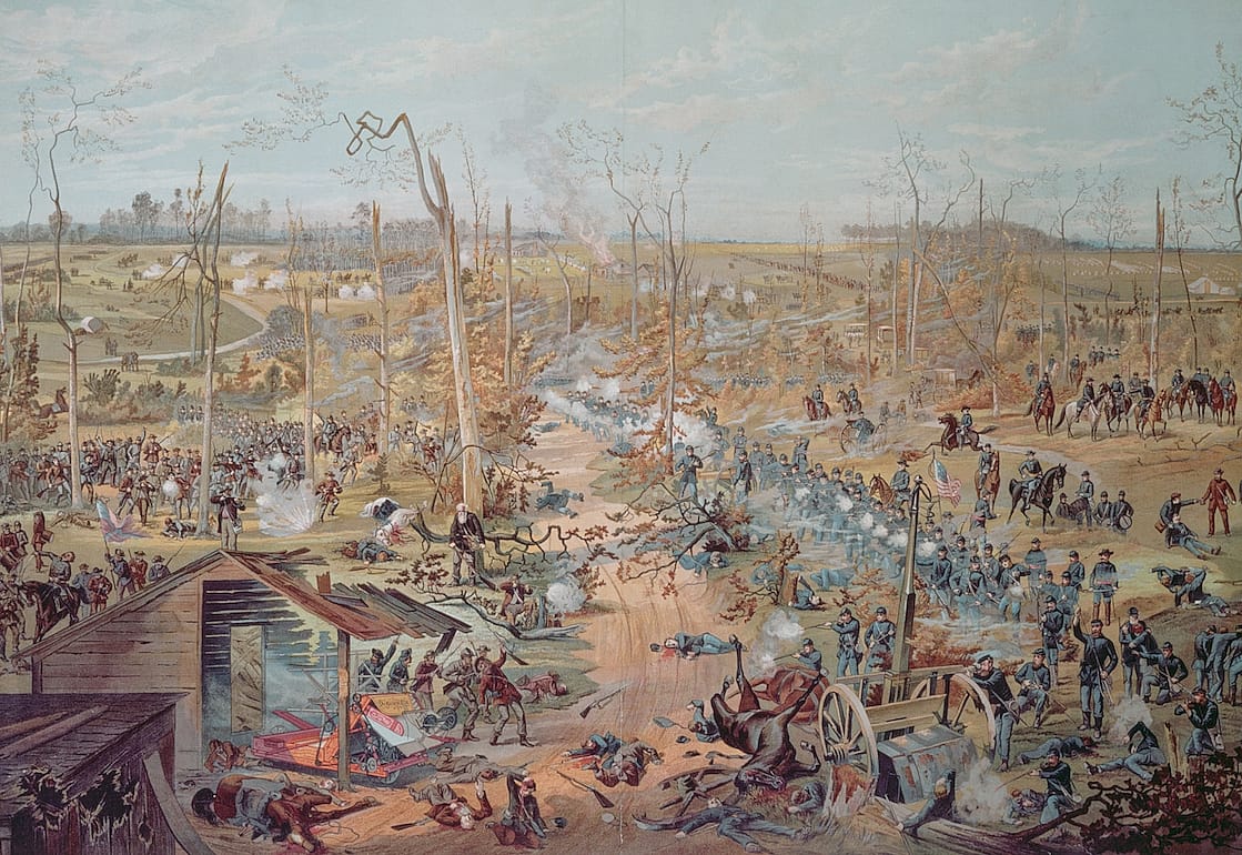 Battle of Shiloh, April 6, 1862, United States of America, American Civil War, coloured engraving, 19th century.