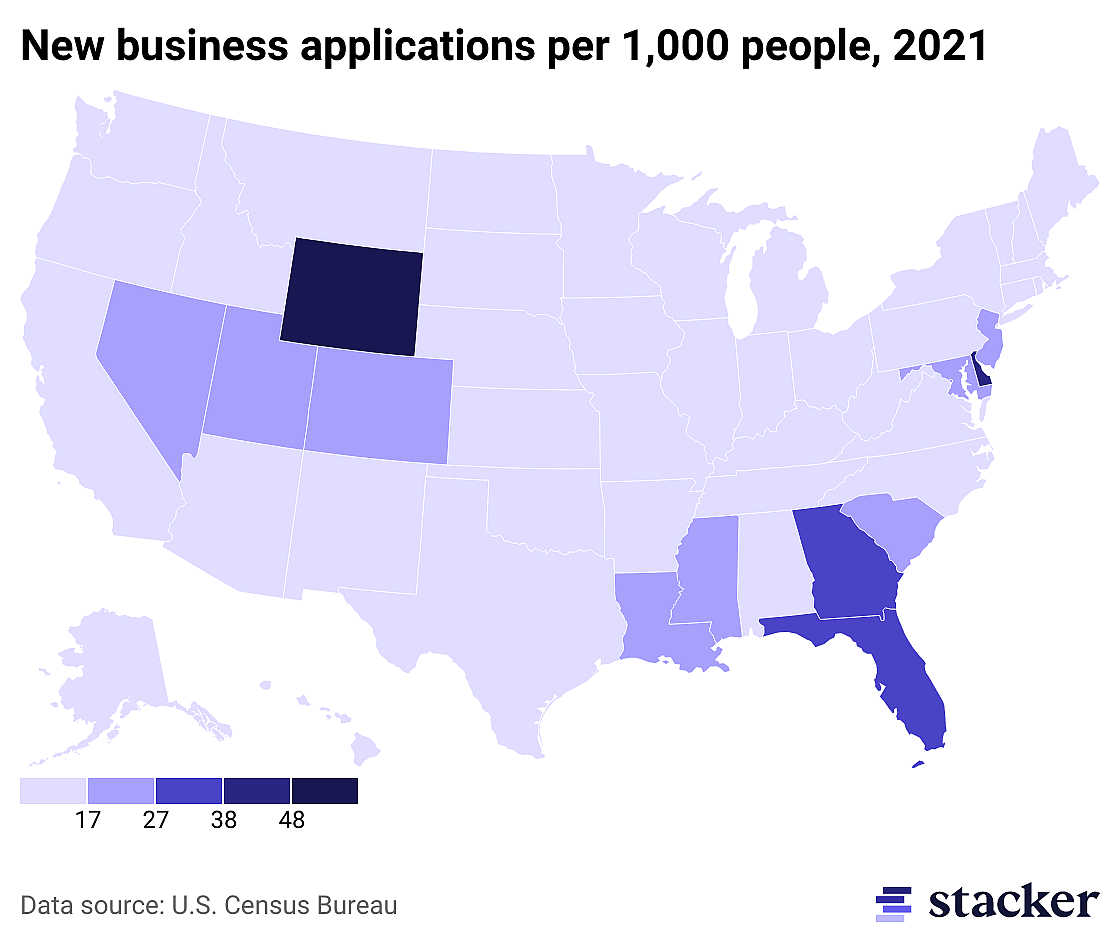 Heat map showing states with the most new business applications per capita. Wyoming and Delaware are darkest in color because they had the most applications