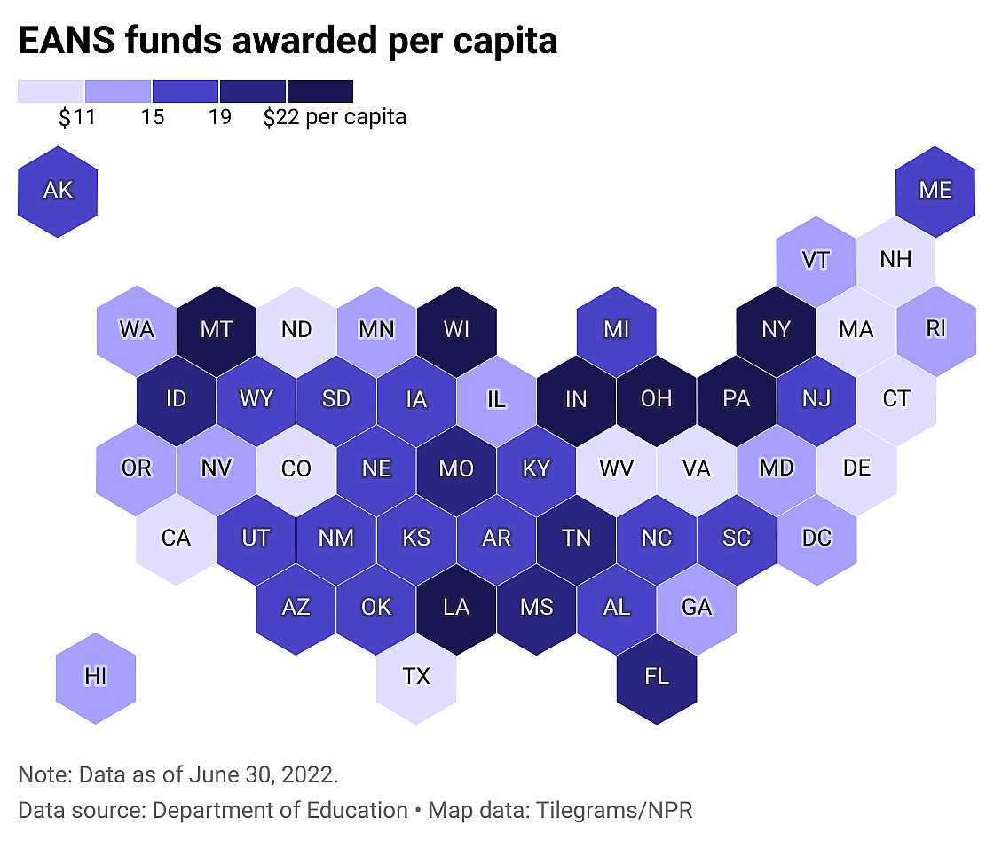 Hexbin state map of per capita EANS funds awarded in response to the COVID-19 pandemic.