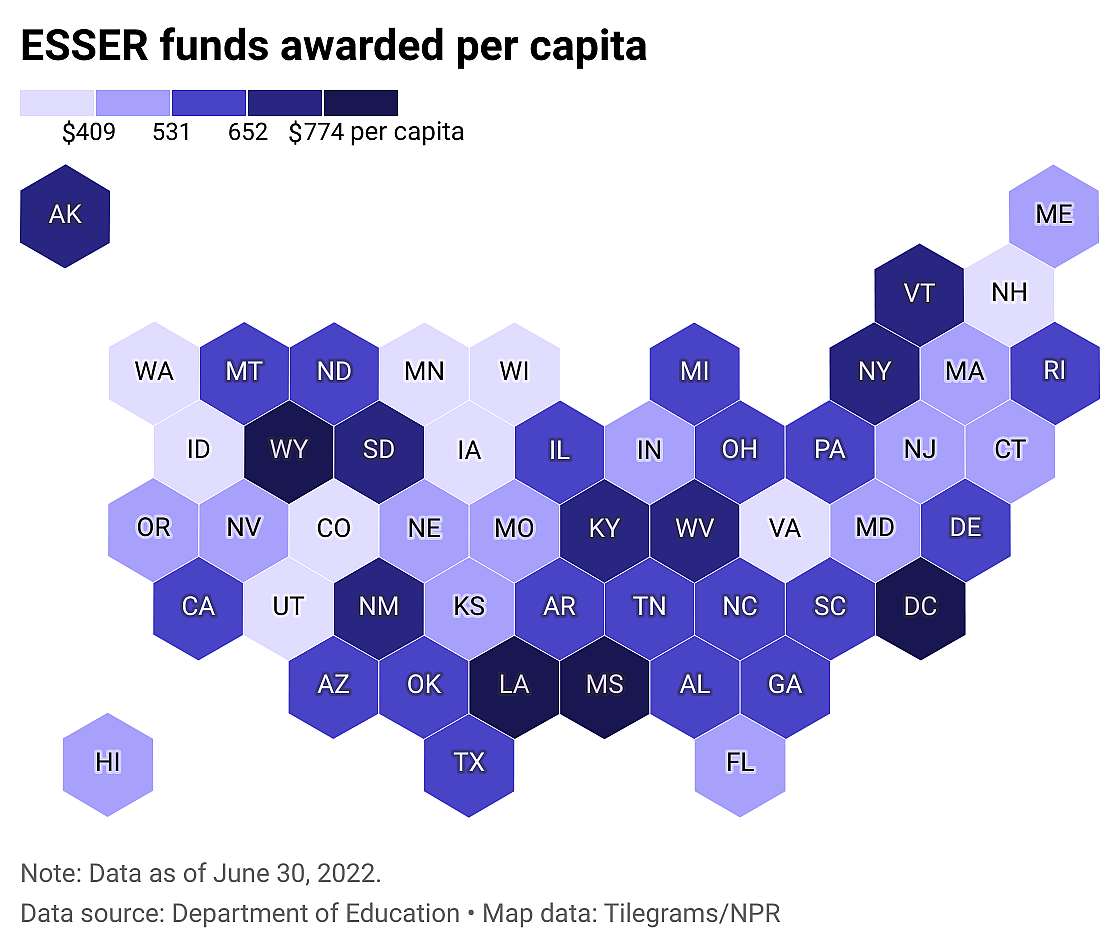 Hexbin state map of per capita ESSER funds awarded in response to the COVID-19 pandemic.