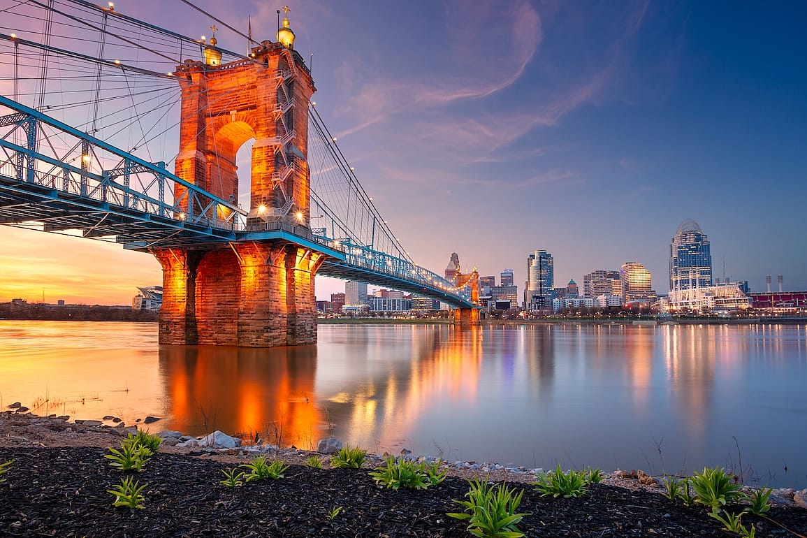 Downtown skyline of Cincinnati, Ohio, with the buildings' reflection on the Ohio River at during sunset.