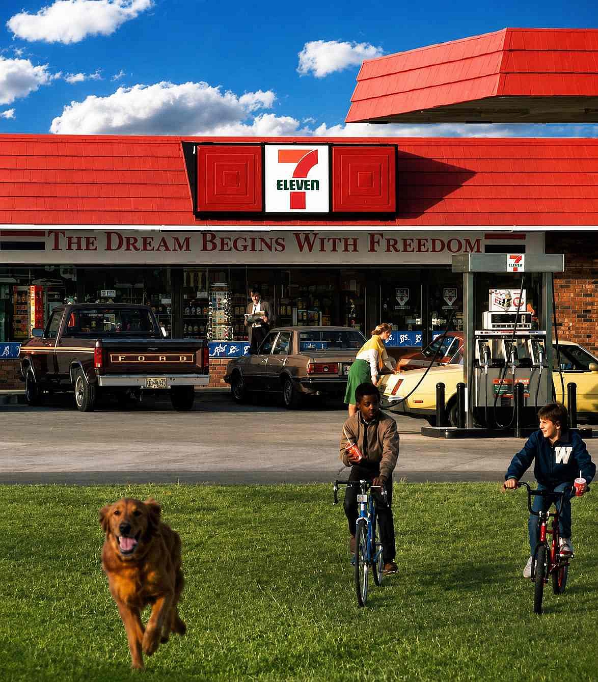 Kids on their bikes outside of a 7-Eleven
