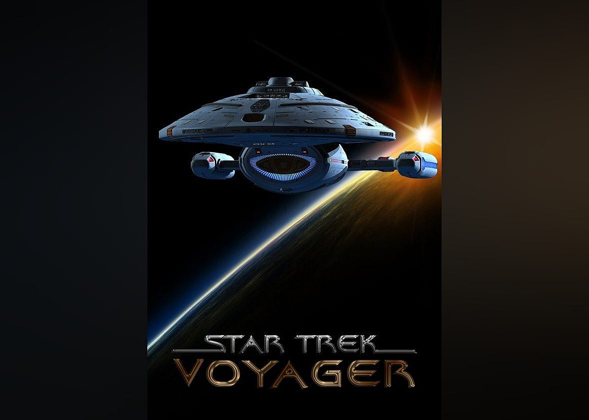 Marketing image of a spaceship over a planet with the sun in the background, with Star Trek Voyager written at the bottom. 