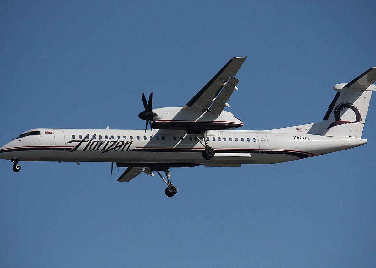 Horizon Airlines jet in the air.