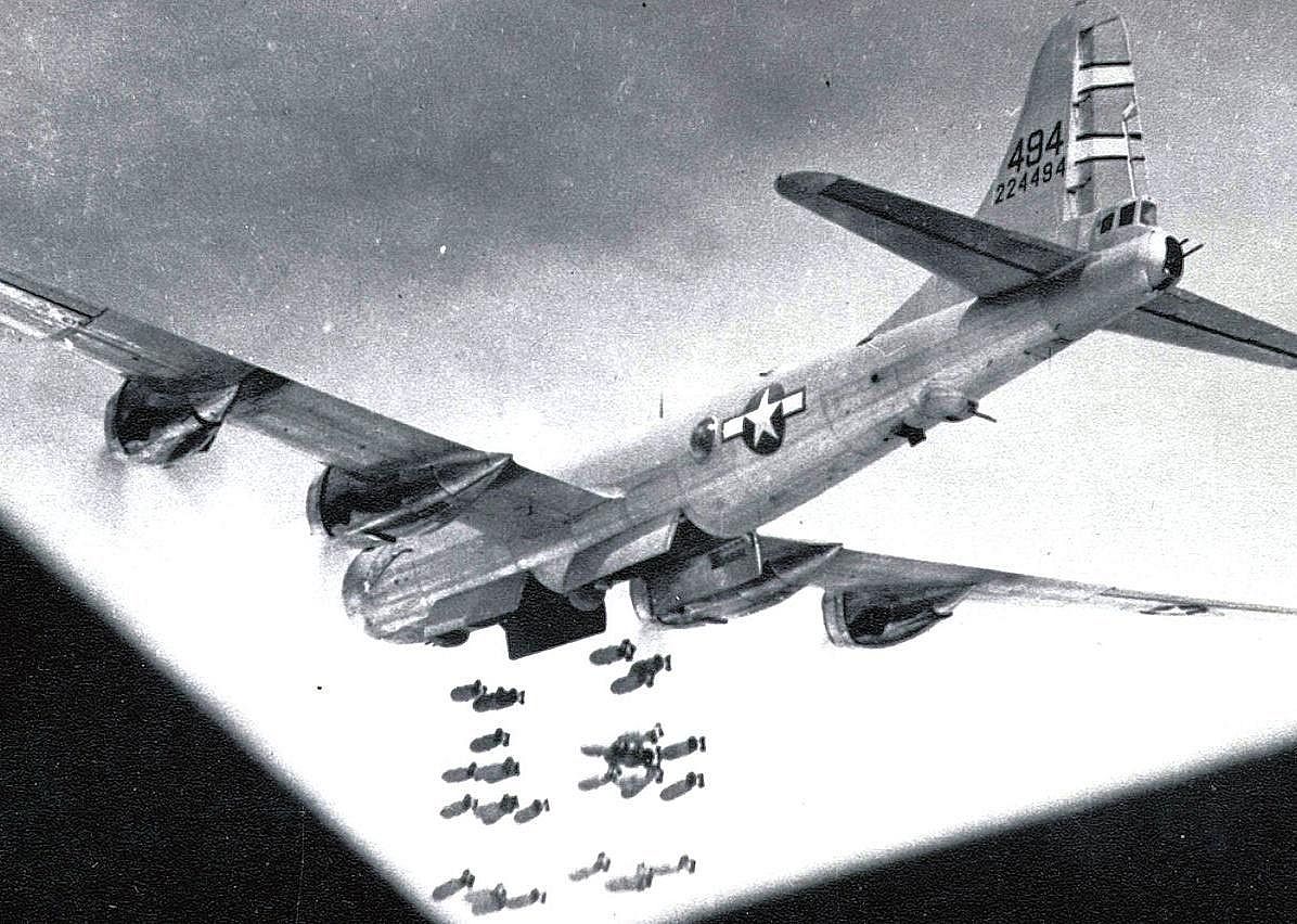 Pictured: 468th Bombardment Group Boeing B-29-30-BW Superfortress 42-24494 "Mary Ann" attacking Hatto, Formosa, with high-explosive bombs, 1944