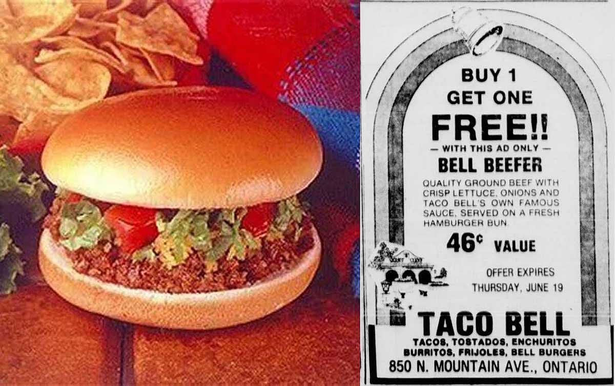Vintage promo photo of the Bell Beefer, a vintage buy 1 get one free ad for the Taco Bell Beefer