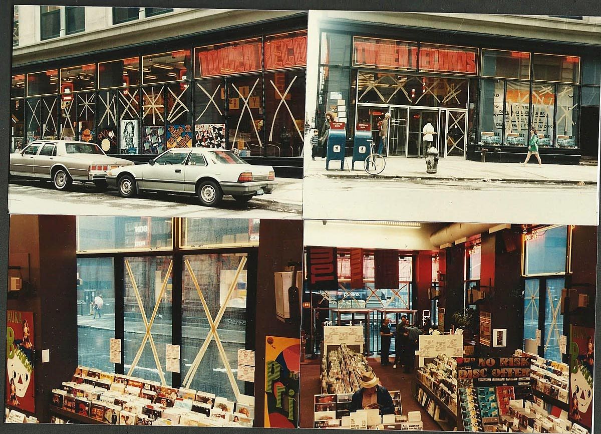 Collage of photos of the inside and outside of a Tower records with the windows taped up