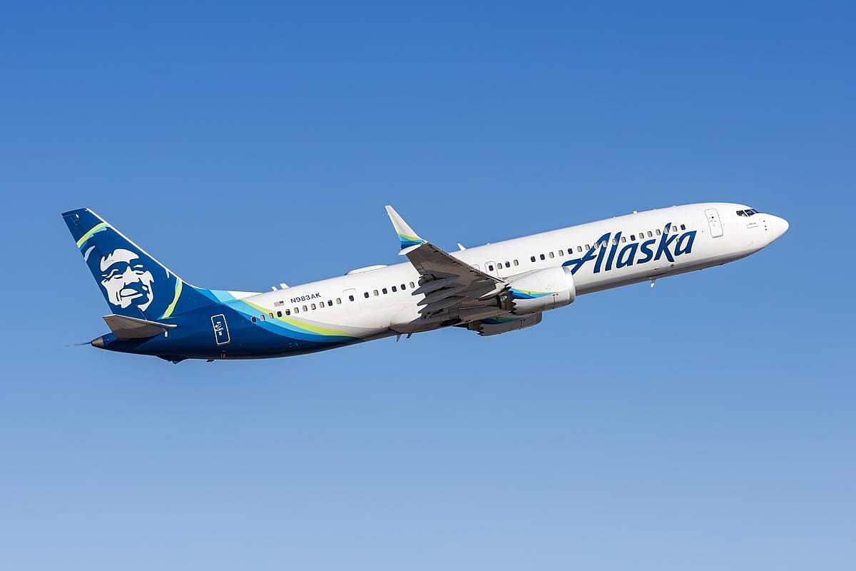Alaska Airlines Boeing 737-9 MAX airplane at Phoenix airport in the United States.