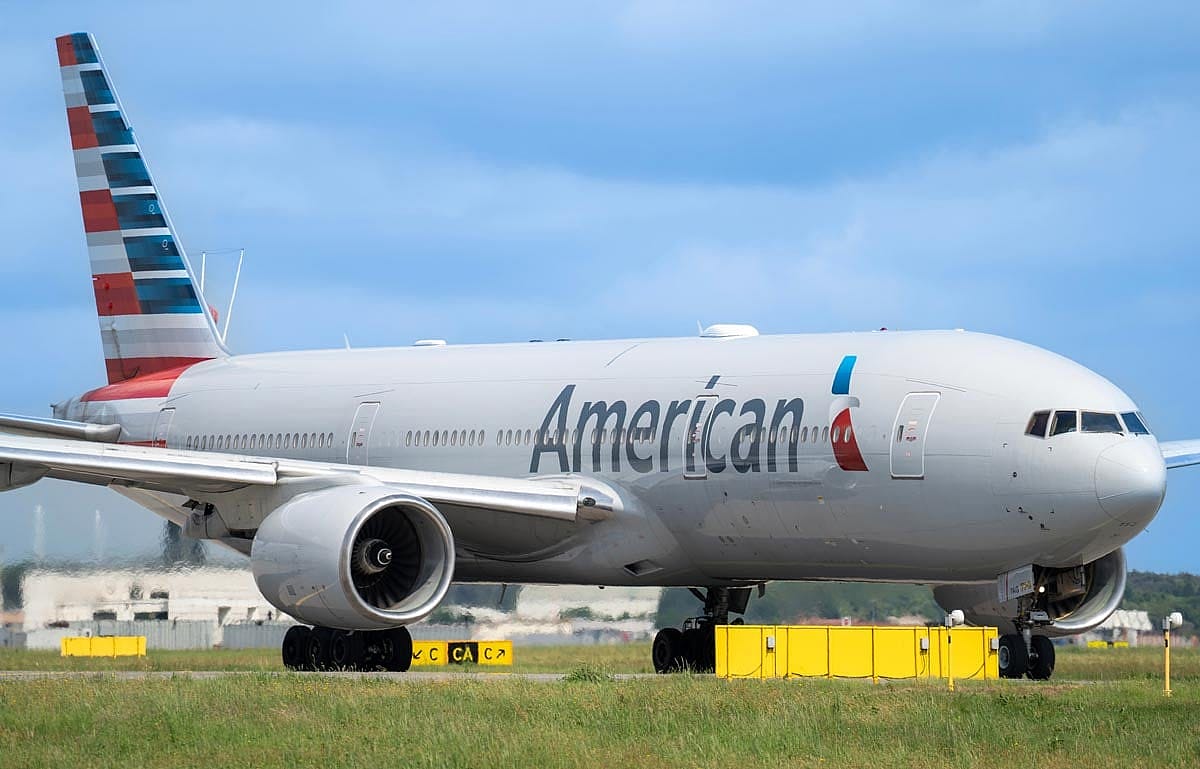 Boeing 777 American Airlines aircraft is taxiing at MXP Milano Malpensa international airport