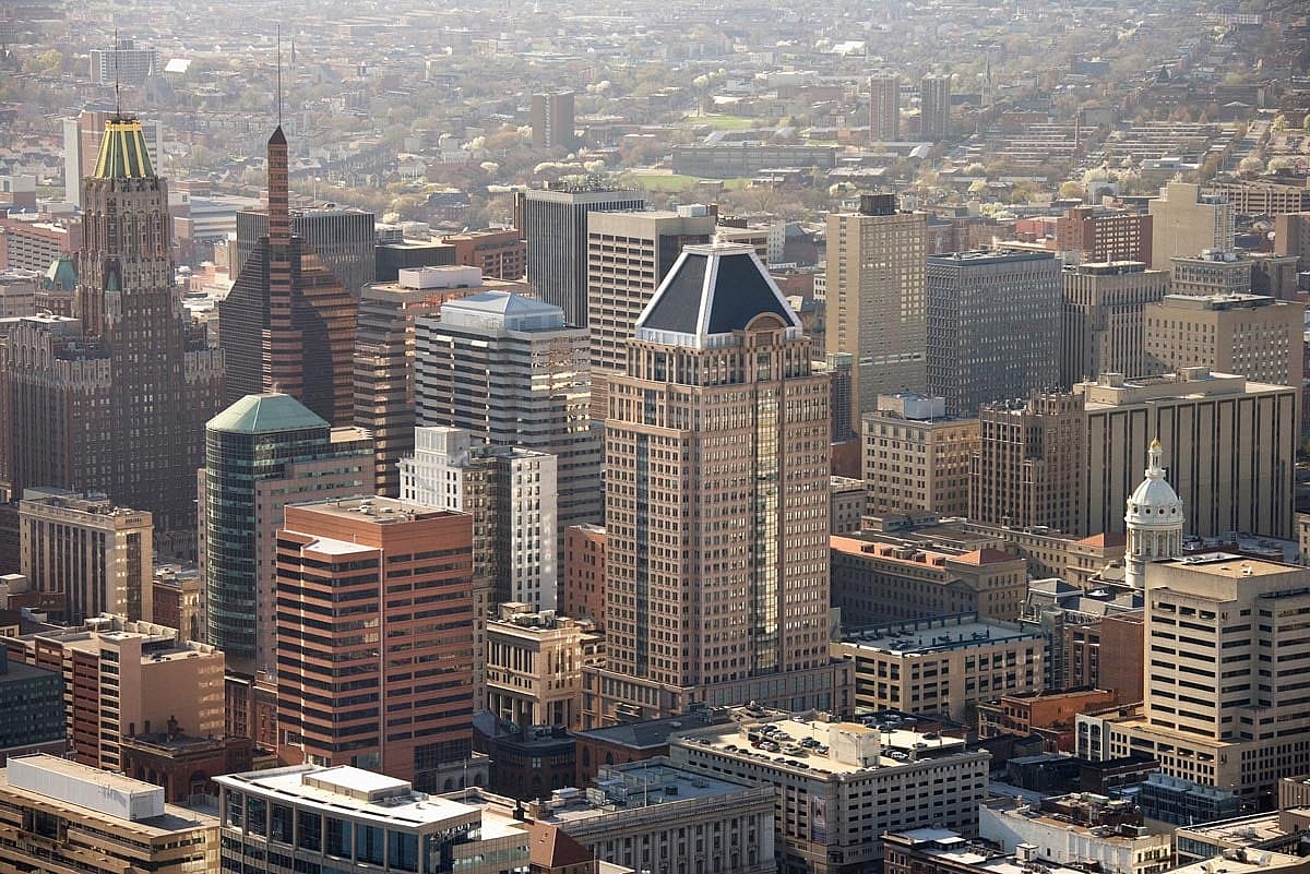 Aerial view of skyscrapers in Baltimore.