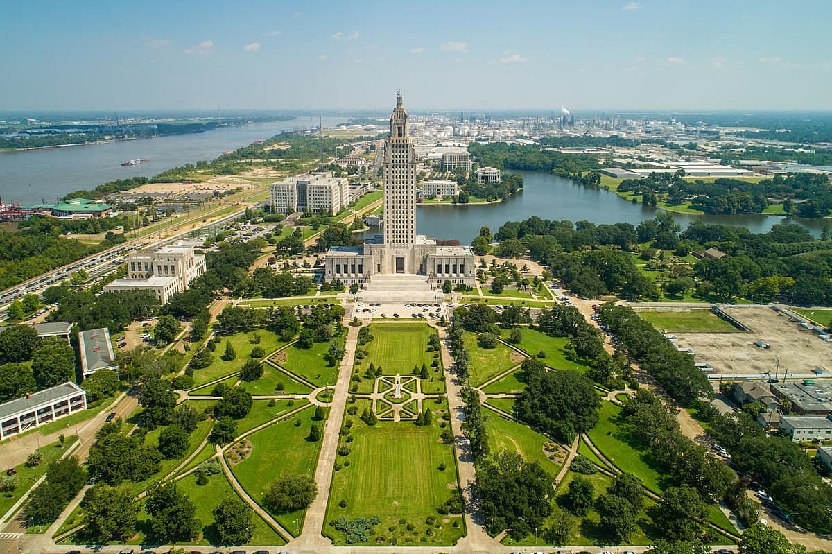 State Capitol park in Baton Rouge aerial view.