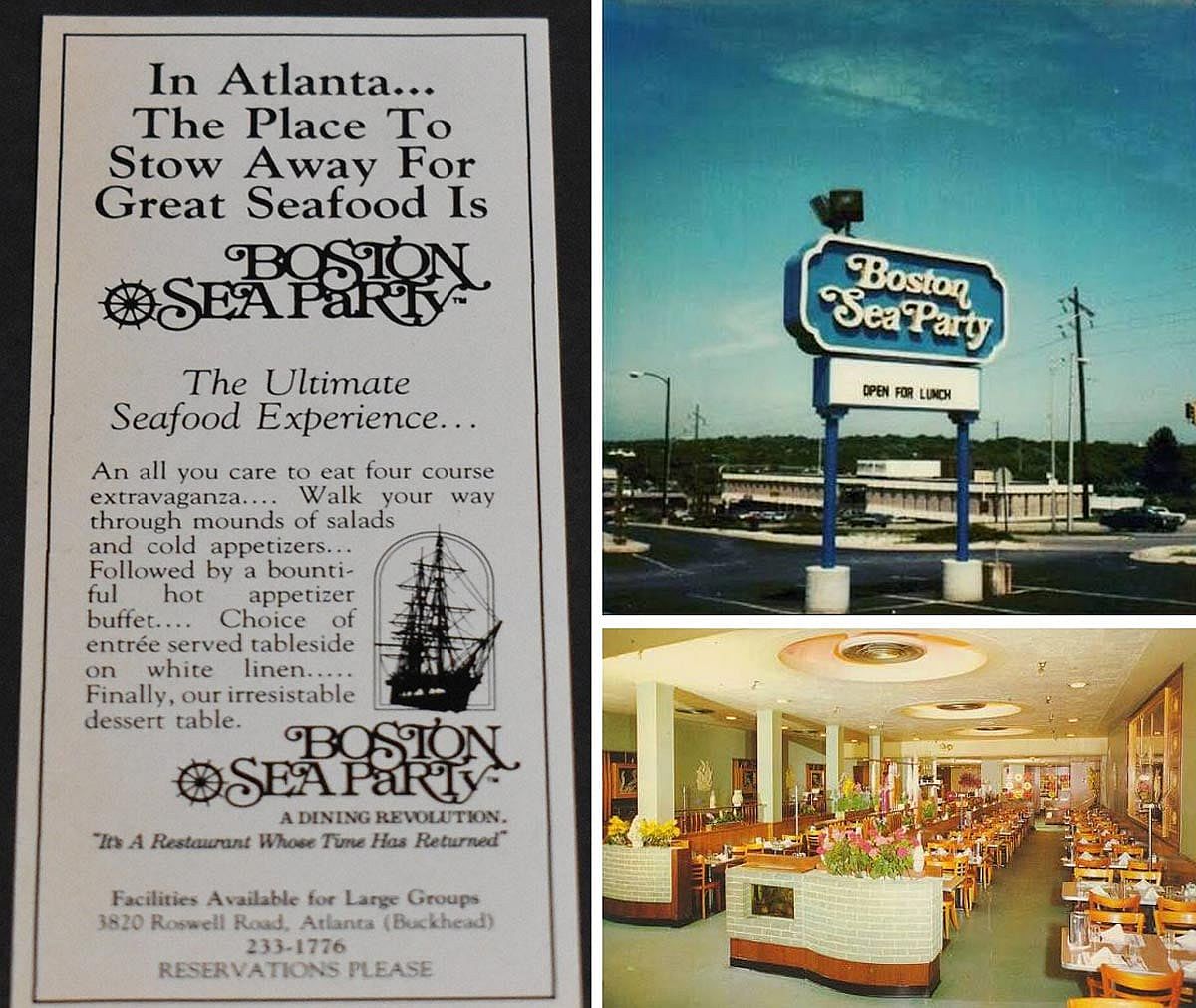A collage of Boston Sea Party images including an old ad, a sign out front, and a dining room.