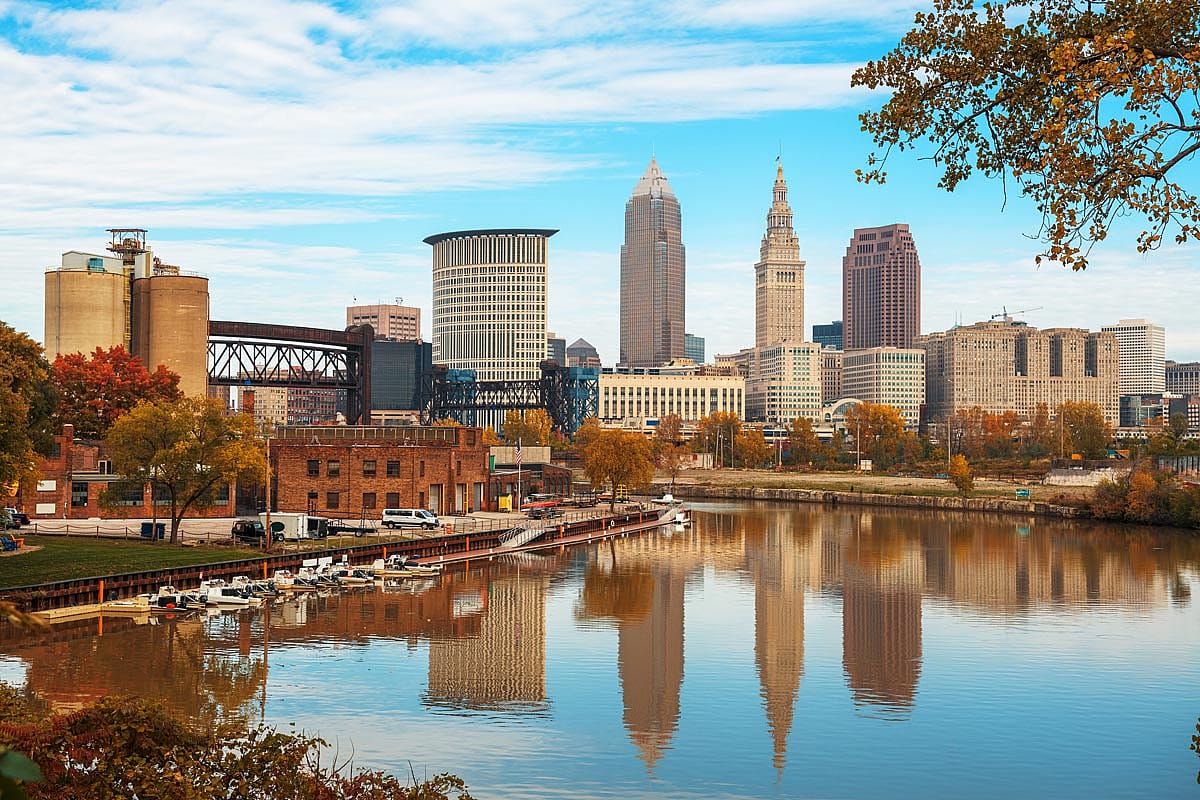 Cleveland skyline on the Cuyahoga River in autumn.