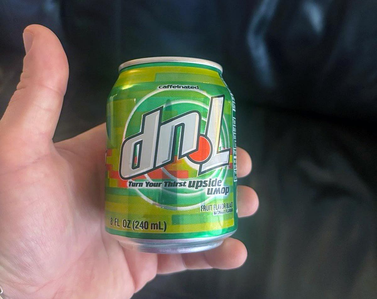 A hand holding a small can of dnL soda.