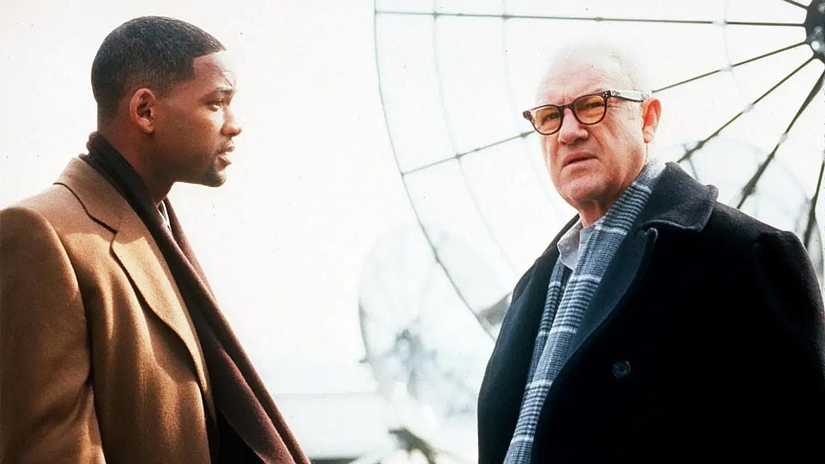 Gene Hackman in a scene with Will Smith for Enemy of the State (1998)