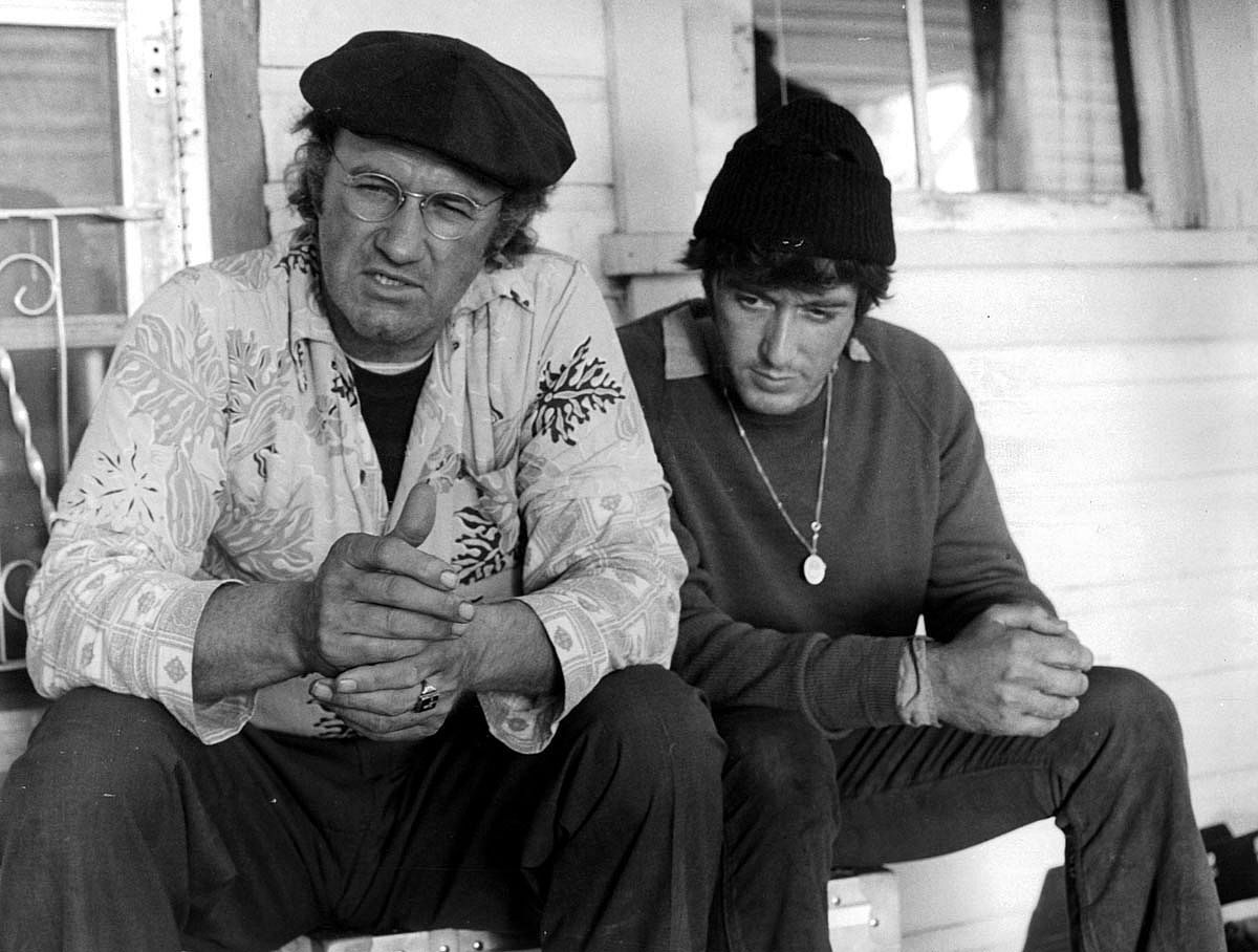 Black and white still of Gene Hackman and Al Pacino in the movie Scarecrow 