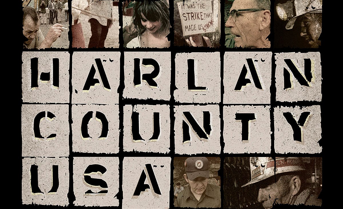 Poster for Harlan County, USA (1976), featuring the film title in large stencil-style letters surrounded by sepia-toned photographs of coal miners, protesters, and local residents.
