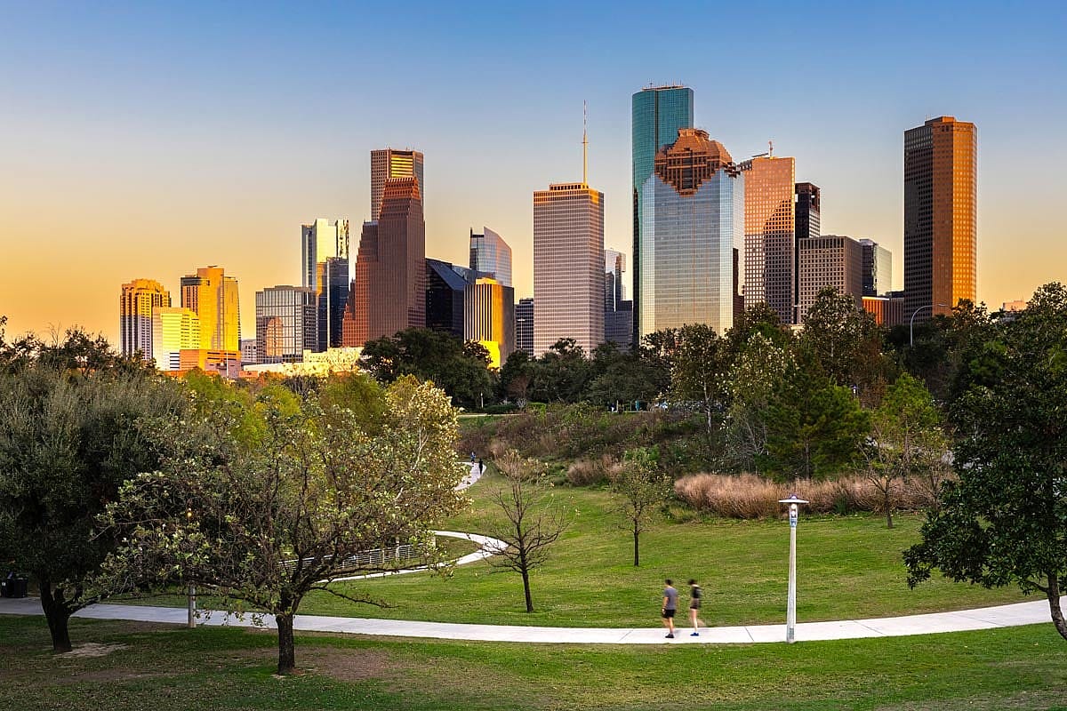 Houston, Texas, USA downtown city park and skyline.