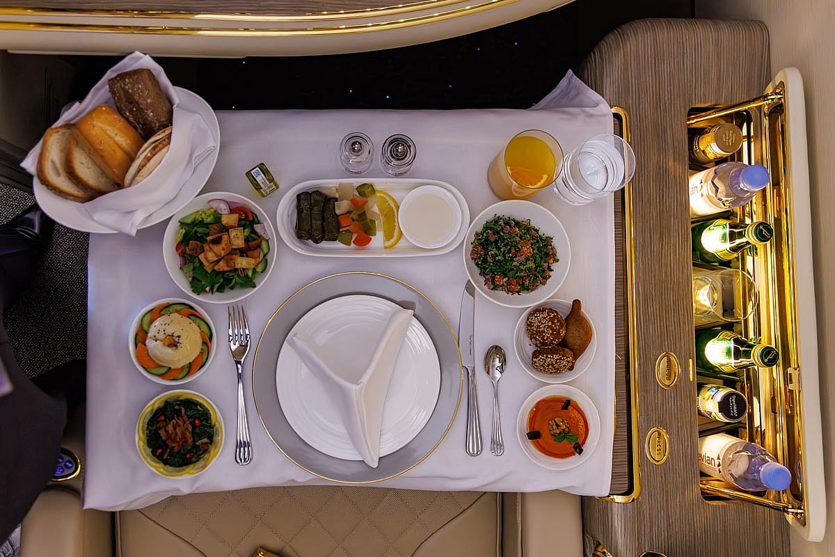 Overhead shot of a nice meal on an Emirates flight.