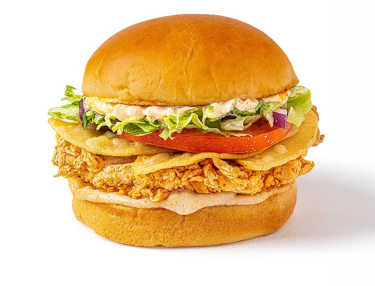 A close shot of an original chicken sandwich from Church's Texas Chicken.