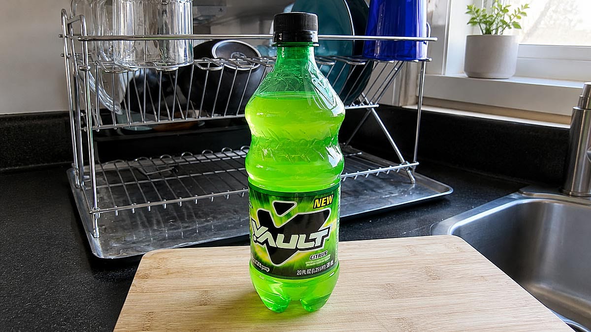 Vault soda on kitchen counter.