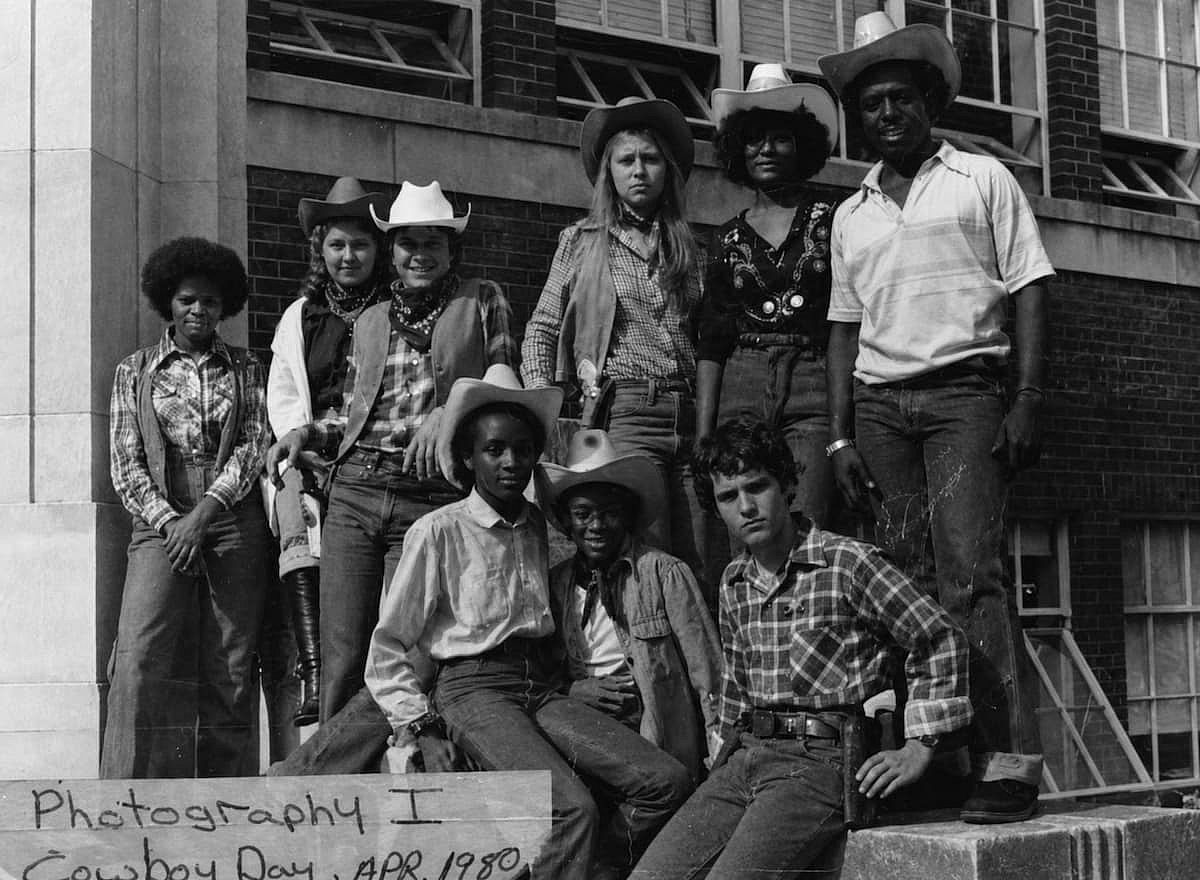 High school kids dressed as cowboys for Cowboy Day, in Nashville 1980.