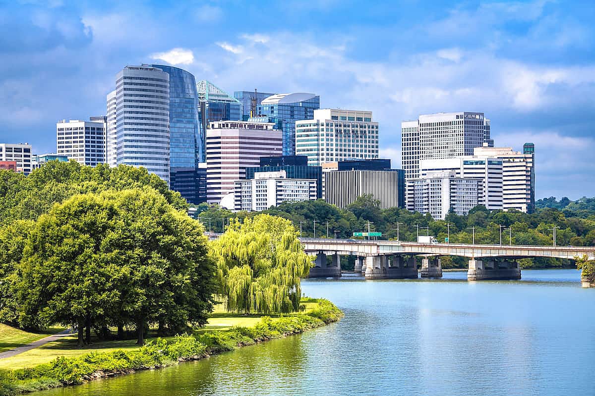 City of Arlington in Northern Virginia skyscrapers view from Washington bridge, capital of USA.