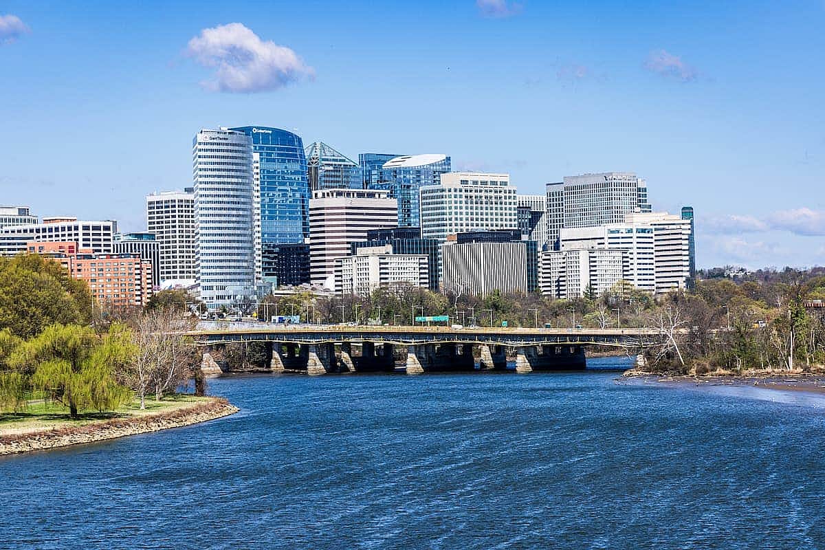 The skyline of Rosslyn as seen from the Memorial Bridge in Arlington, VA.