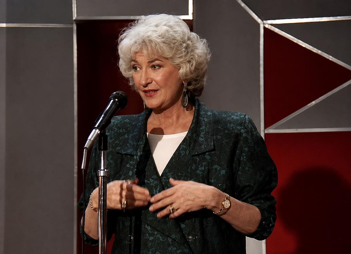 Bea Arthur speaking with a micrphone for a scene in The Golden Girls. 