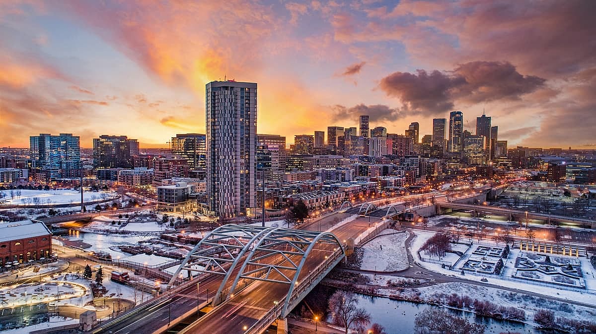 Downtown Denver, Colorado, USA Downtown Drone Skyline Aerial.