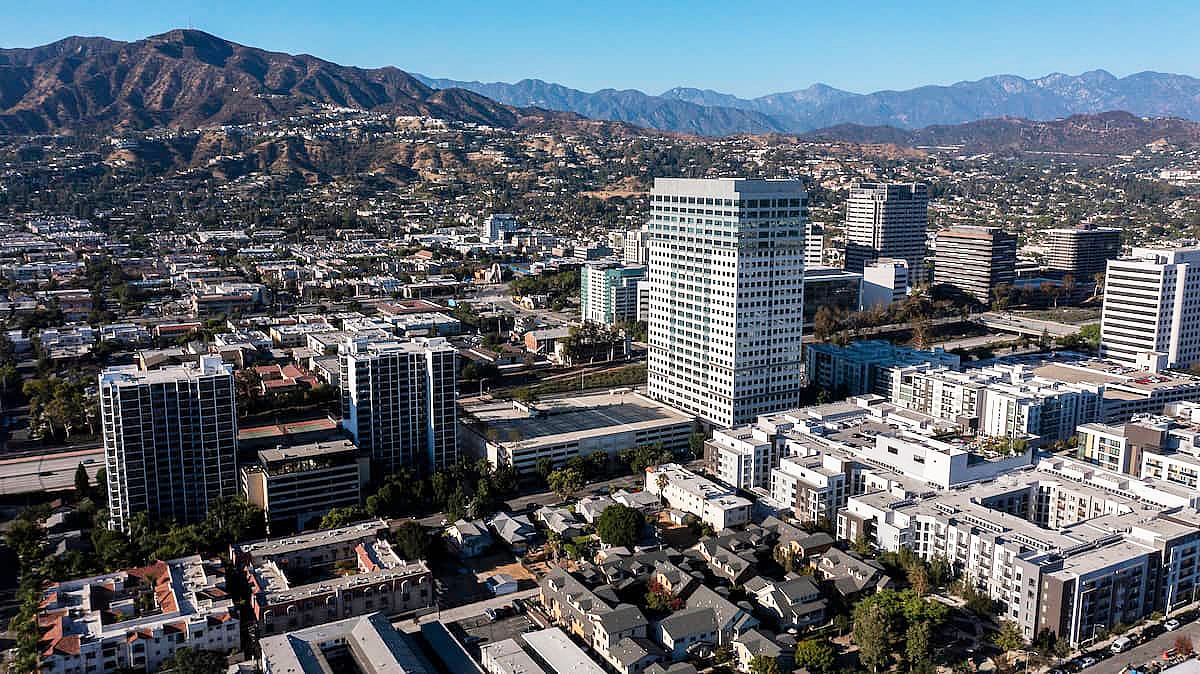 Afternoon sunlight shines on the downtown urban core of Glendale.