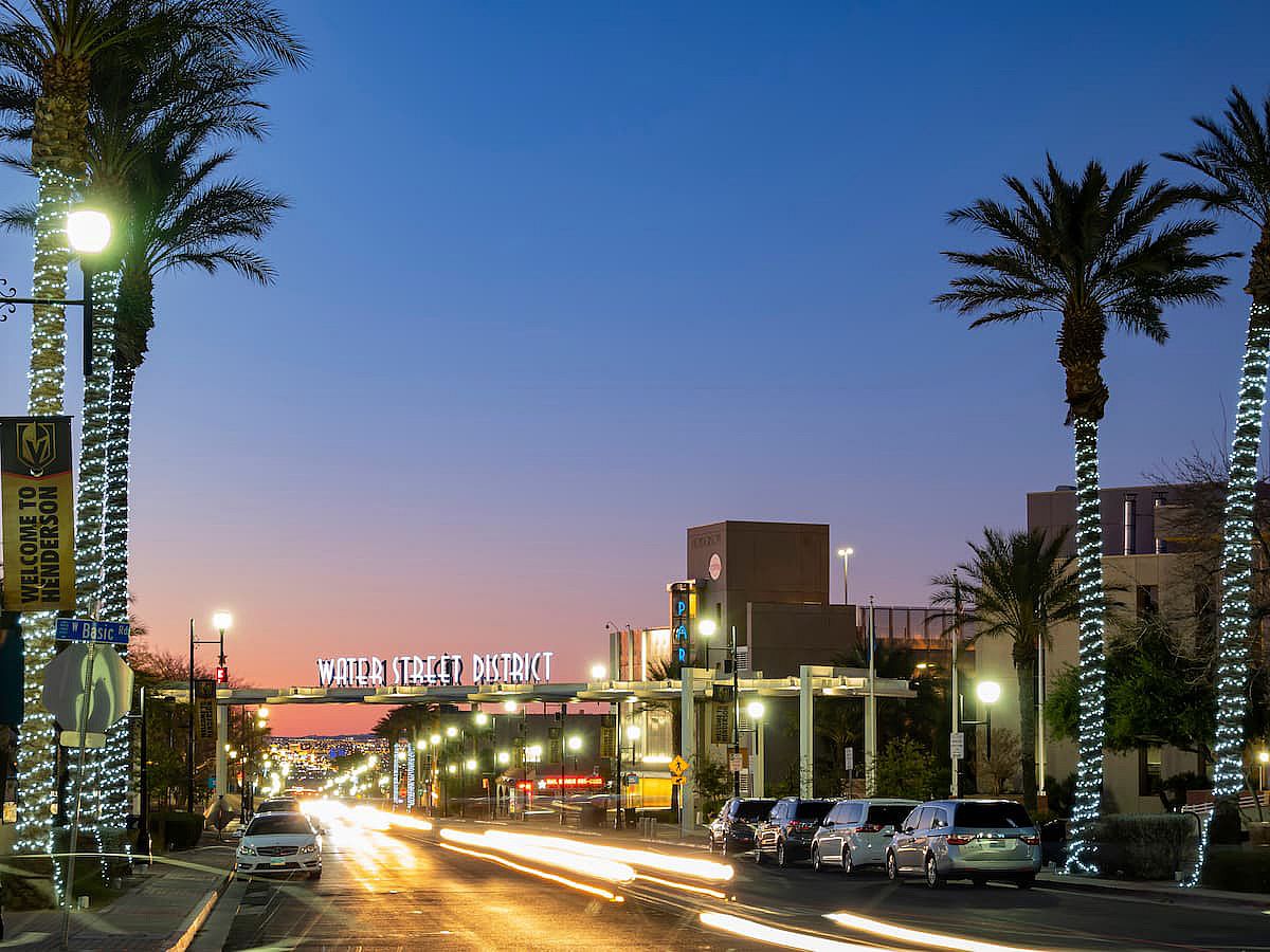 Sunset view of the beautiful Water Street District in Henderson, Nevada