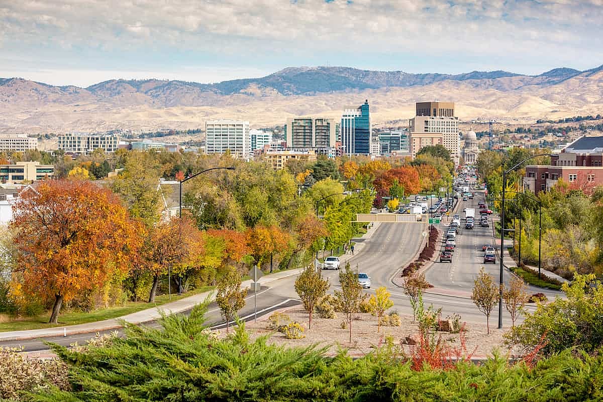 Boise Idaho street leading to the capital building in fall