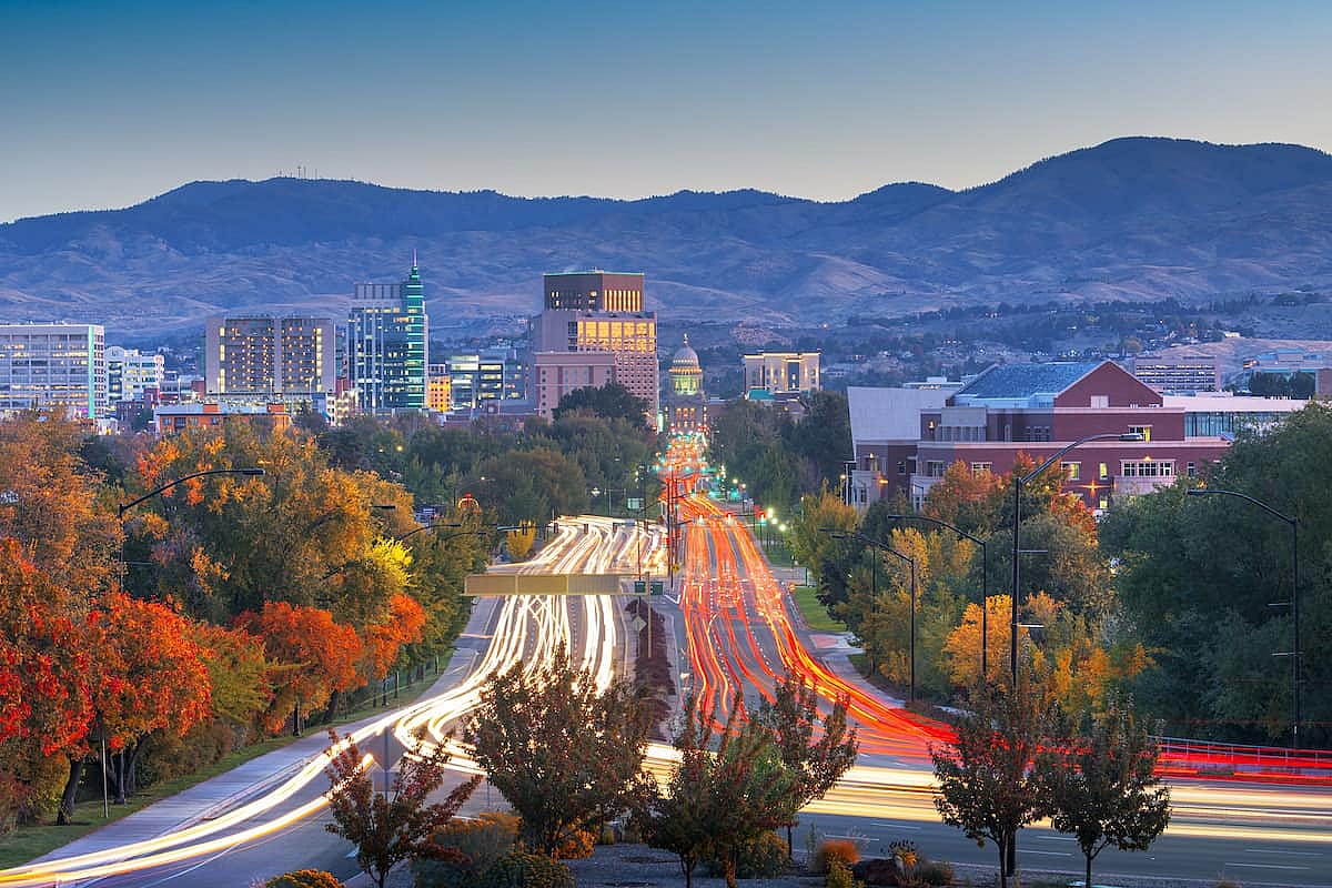 Boise, Idaho, USA downtown cityscape at twilight in autumn season.